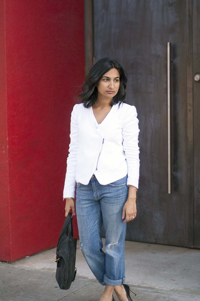 white blazer boyfriend jeans