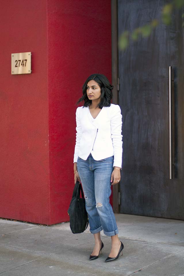 white blazer boyfriend jeans